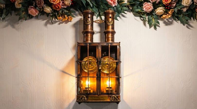 Ornate bronze wall sconce with two glowing lights, set against patterned wallpaper and a floral garland.